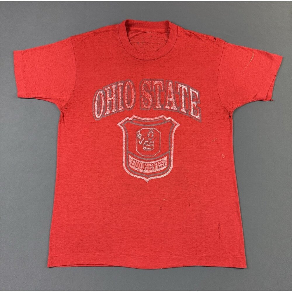 Rare Vintage 80s Ohio State Buckeyes Art NCAA Red Sun Fade Thrashed Red Shirt